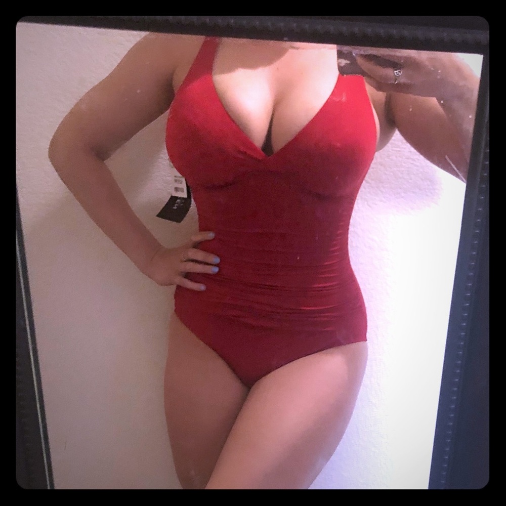 Ruched red one piece swimsuit